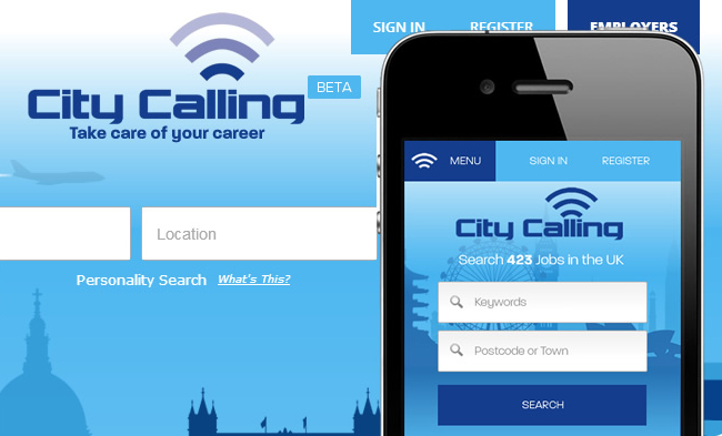 City Calling homepage with a screen shot on an iPhone of the responsive design