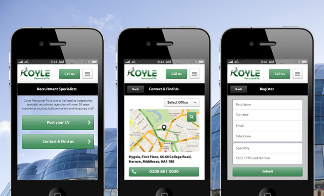 Responsive screenshots of Coyle's mobile app