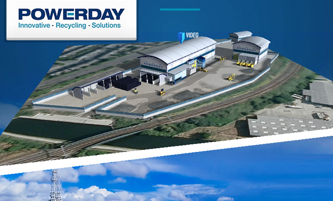 Screenshot displaying the WebGL recycling plant on Powerday's website homepage